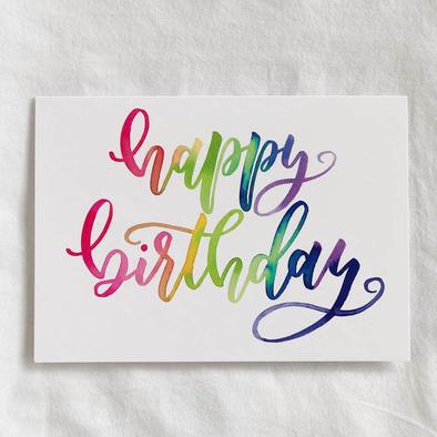 394x394 Happy Birthday Watercolor Calligraphy Card Jenmanship - Happy Birthday Watercolor