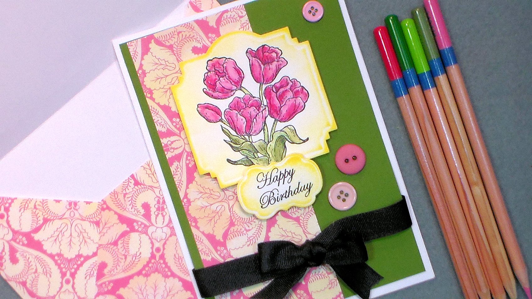 1696x954 Tulip Happy Birthday Card With Cheap Watercolor Pencils Amp Paper - Happy Birthday Watercolor Card