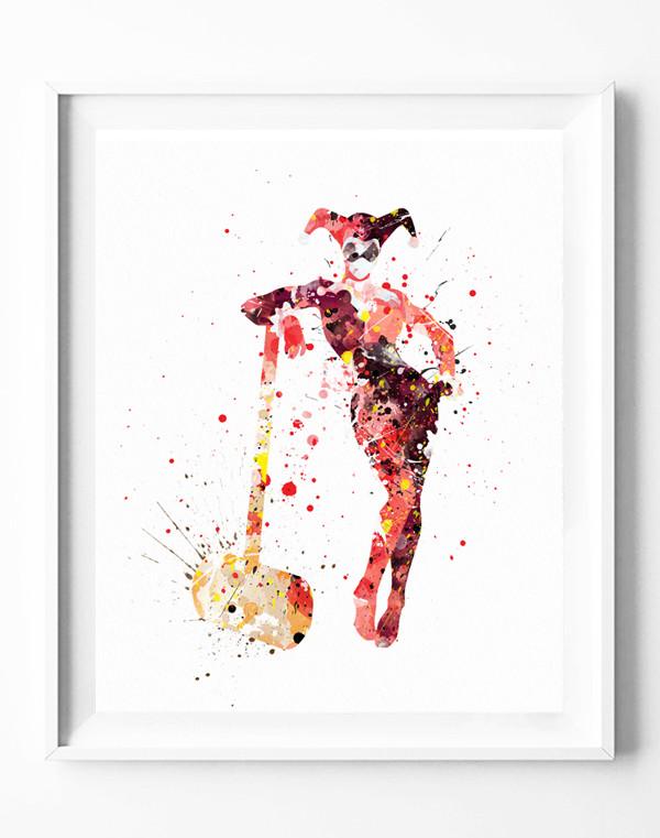600x761 Harley Quinn Art Print Batman Joker Poster Watercolor Painting - Harley Quinn Watercolor