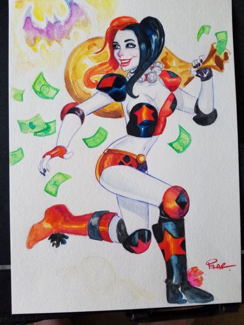 480x640 Harley Quinn Watercolor Art By Joe Pekar Batman Foe Ebay - Harley Quinn Watercolor