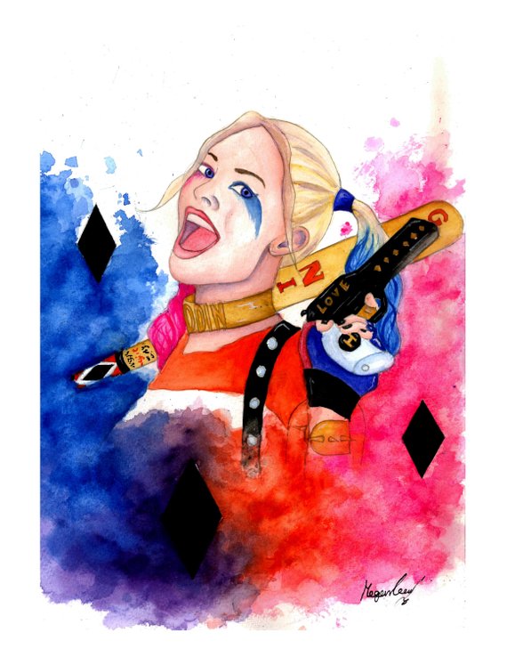 570x738 Harley Quinn Watercolour Painting Print - Harley Quinn Watercolor