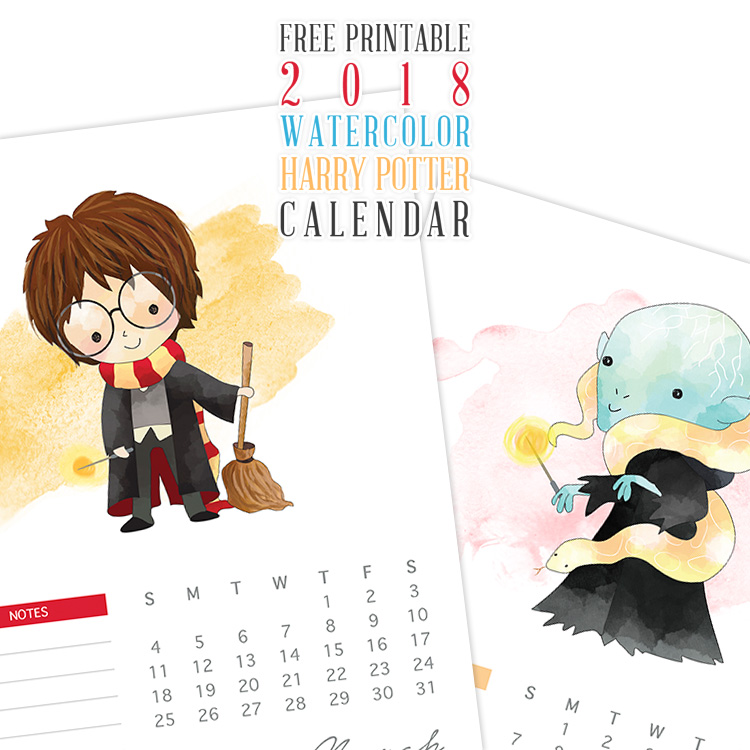 750x750 Free Printable 2018 Watercolor Harry Potter Calendar - Harry Potter Watercolor