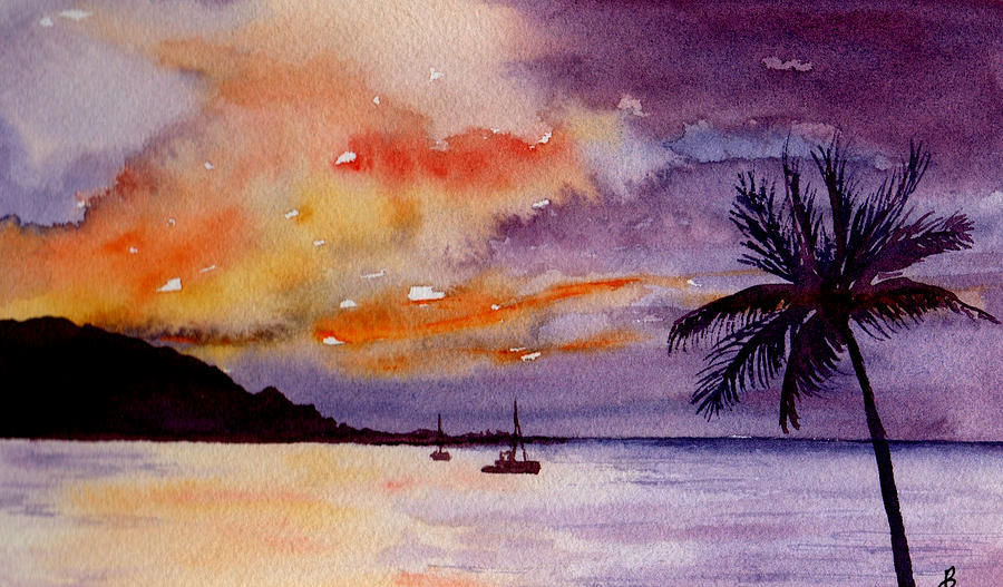 900x527 Harbor Sunset Kauai Hawaii Painting By Brenda Owen - Hawaii Watercolor