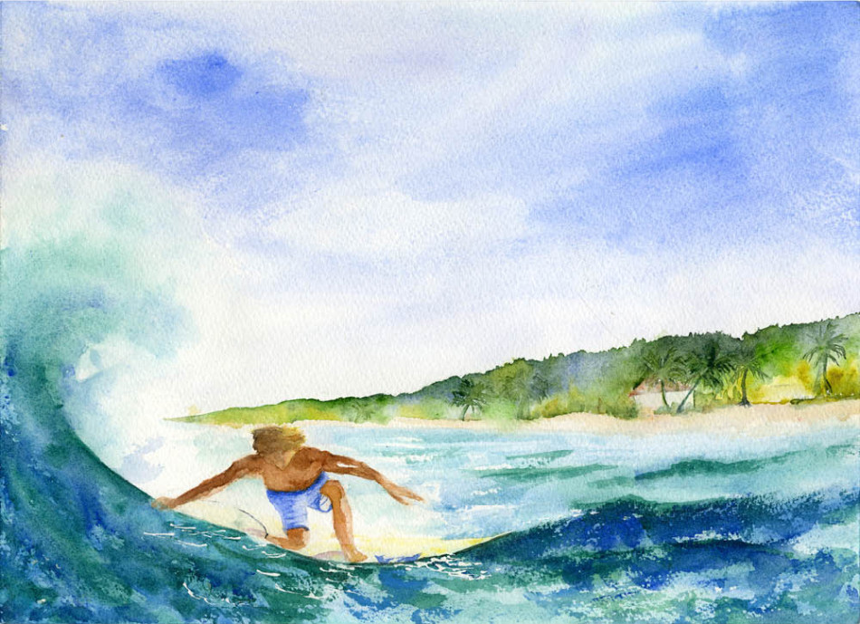 950x689 Zach Surfing The Pipe, Oahu, Hawaii - Hawaii Watercolor