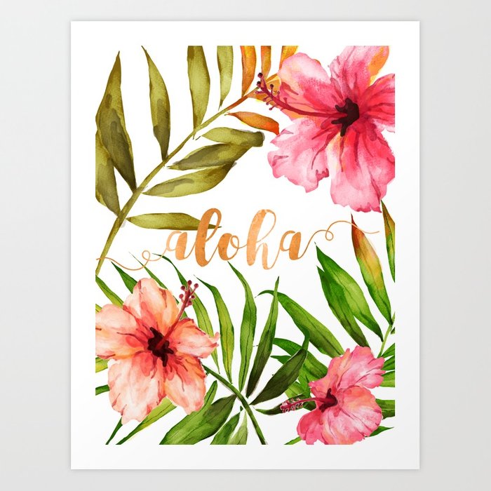 700x700 Aloha Watercolor Tropical Hawaiian Leaves And Flowers Art Print By - Hawaiian Flower Watercolor