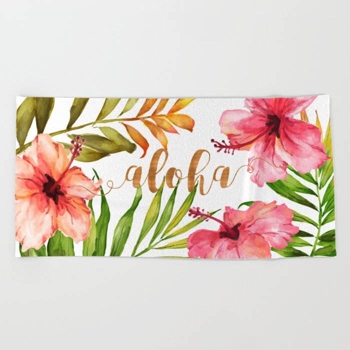 700x700 Aloha Watercolor Tropical Hawaiian Leaves And Flowers Beach Towel - Hawaiian Flower Watercolor