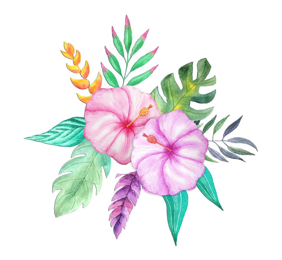 900x832 Tropical Watercolor Bouquet 78 Painting By Elaine Plesser - Hawaiian Flower Watercolor