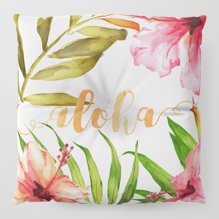 700x700 Aloha Watercolor Tropical Hawaiian Leaves And Flowers Floor Pillow - Hawaiian Flower Watercolor