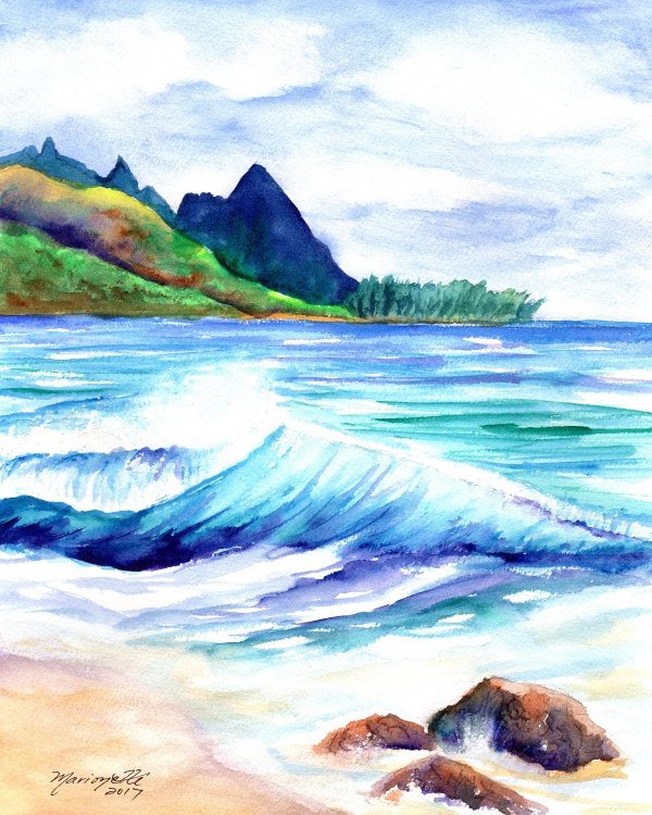 600x750 Kauai Tunnels Beach - Hawaiian Watercolor Prints