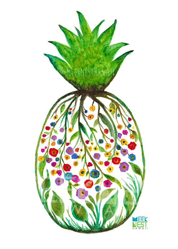 570x799 Pineapple Flowers Reef Watercolor Hawaii Decor Art By Meeknest - Hawaiian Watercolor Prints