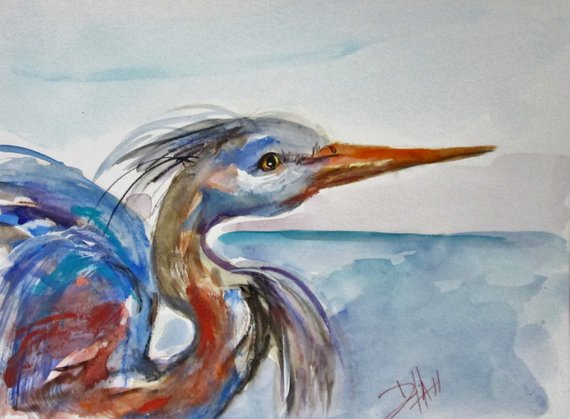 570x419 Great Blue Heron Watercolor Bird Art By Delilah Etsy - Heron Watercolor