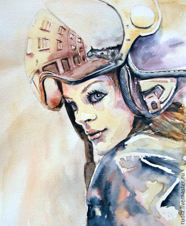 630x768 Watercolor Painting Reflection. Watercolor. Girl And Motorcycle - High Quality Watercolor Paper