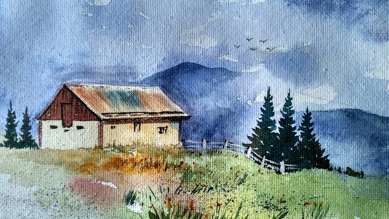 1280x720 House On Top Of Hill Landscape Watercolor Painting - Hill Watercolor