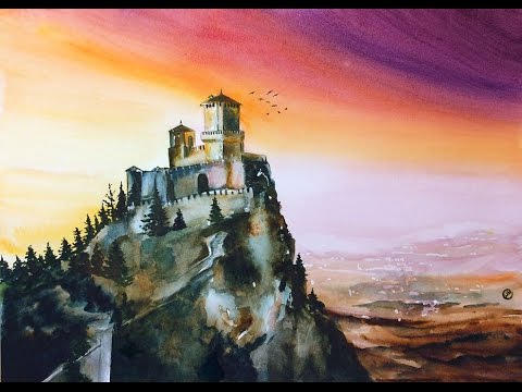 480x360 Watercolor Castle On A Hill Painting Demonstration - Hill Watercolor