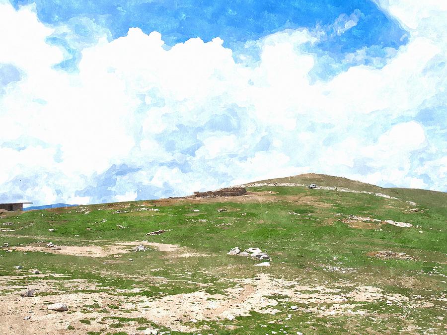 900x675 Watercolor Of Green Grass Hill And Cloudy Blue Sky Painting By - Hill Watercolor