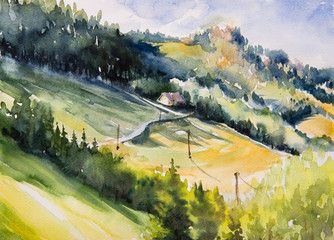 334x240 Watercolor Illustration Of A Summer Landscape Cottage House On A - Hill Watercolor