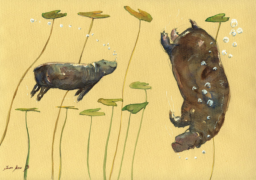 900x634 Hippo Watercolor Painting By Juan Bosco - Hippo Watercolor