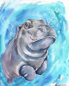 241x300 Hippo Watercolor Print Of The Original Watercolor Painting Water - Hippo Watercolor