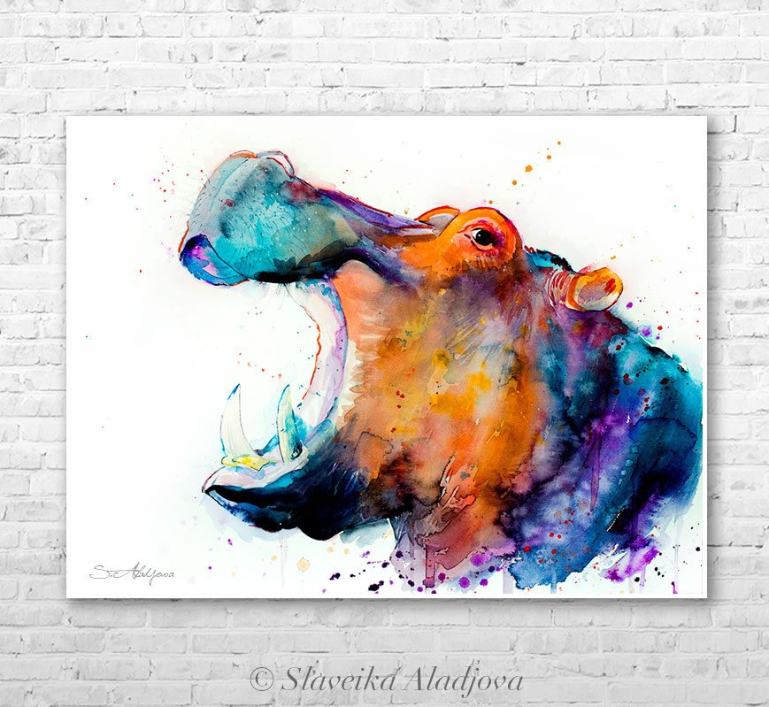 869x799 Hippo Watercolor Painting Print By Slaveika Aladjova, Art, Animal - Hippo Watercolor