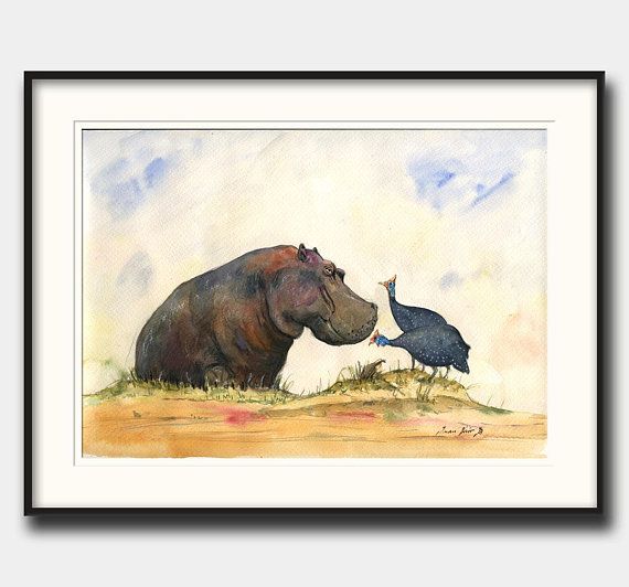 570x532 Hippo With Guineafowls Painting - Hippo Watercolor