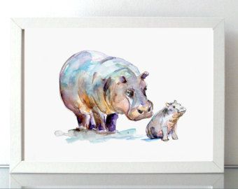 340x270 Baby Hippo Art, Watercolor Painting, Baby Girl Nursery Decor, Boy - Hippo Watercolor