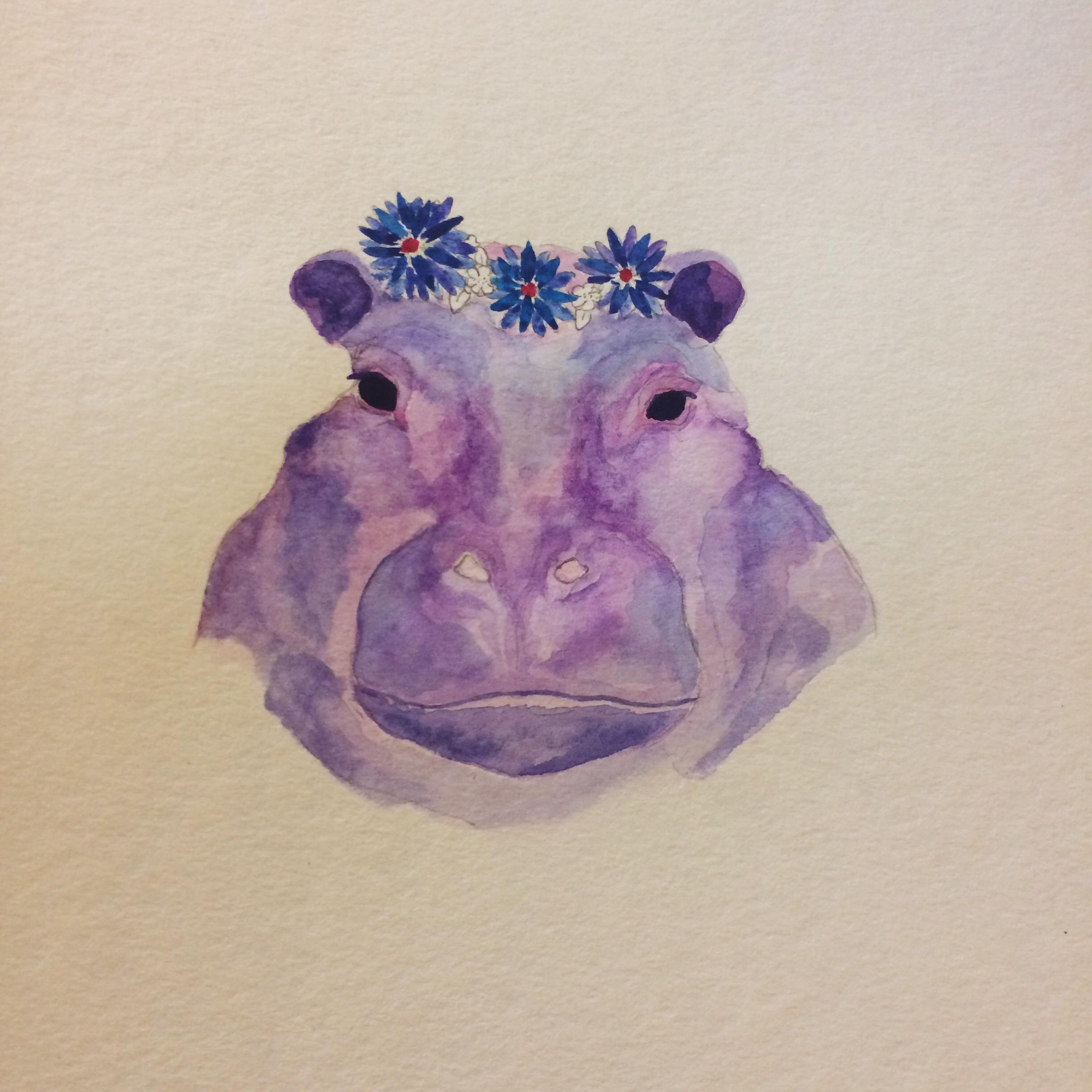 2448x2448 Flower Crown Hippo, Watercolor, 8x11 Art - Hippo Watercolor