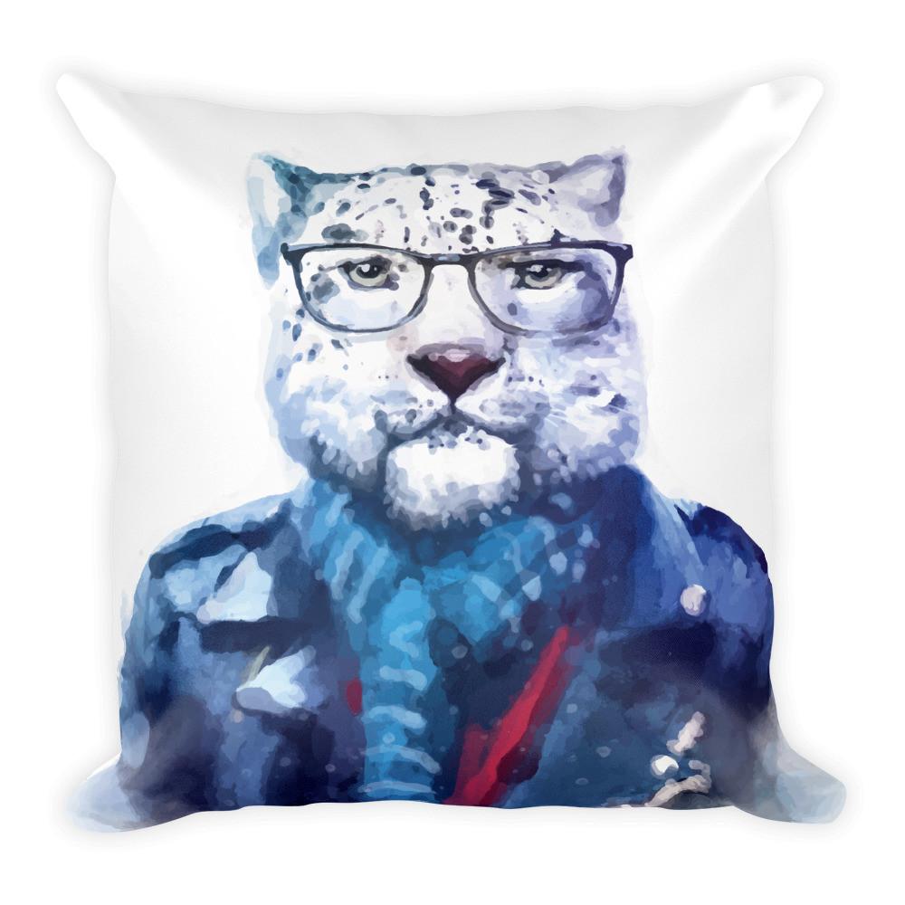 1000x1000 Hipster Watercolor Cat With Glasses And Blue Scarf Square Pillow - Hipster Watercolor