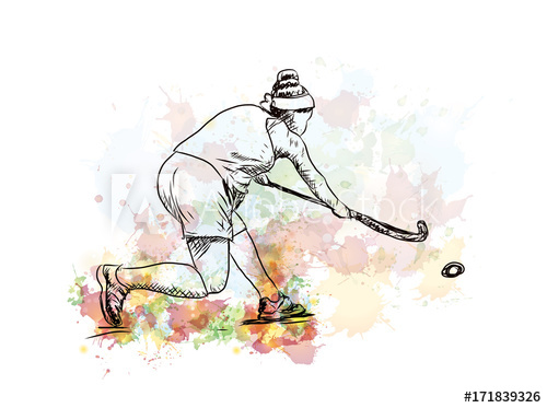 500x373 Watercolor Sketch Of Hockey Lady Player Playing Hockey In Vector - Hockey Watercolor