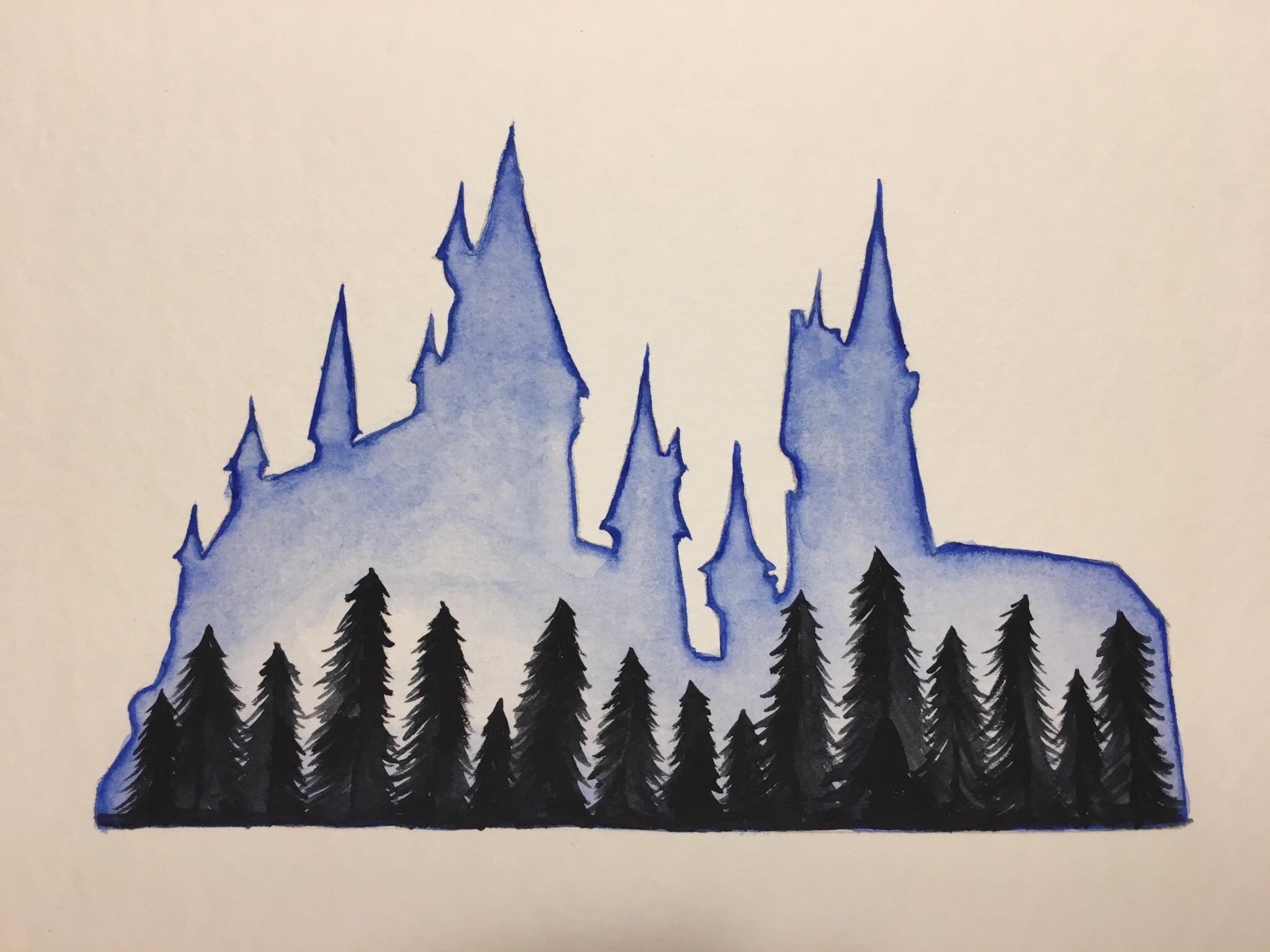2048x1536 Hogwarts Silhouette In Watercolor Harrypotter - Hogwarts Watercolor