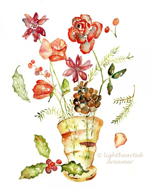 500x625 Holiday Watercolor Art, Winter Flower Print, Holiday Decor - Holiday Watercolor