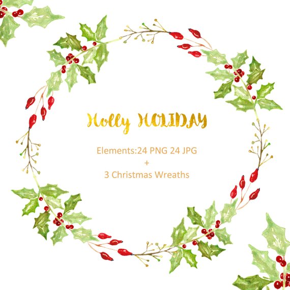 570x570 Holly Holiday Watercolor Clip Art Hand Drawn. Winter Etsy - Holiday Watercolor