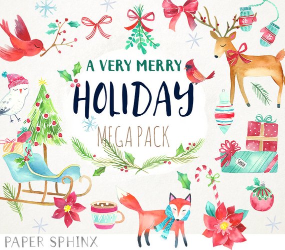 570x499 Watercolor Christmas Clipart Holiday Clip Art Fox Etsy - Holiday Watercolor