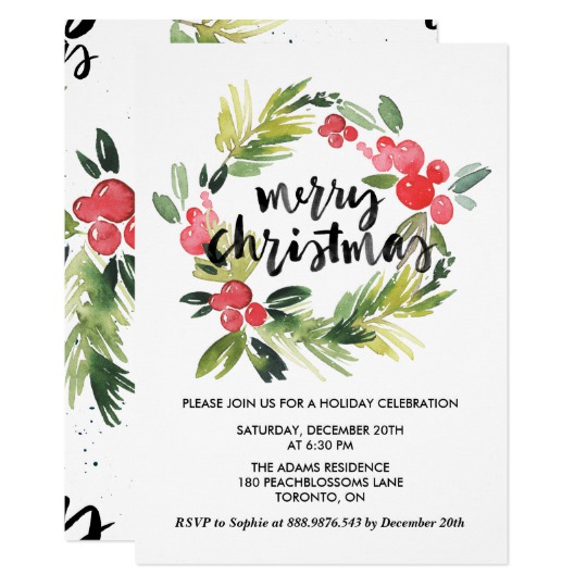 540x540 Watercolor Holly Wreath Merry Holiday Party Invitation - Holiday Watercolor