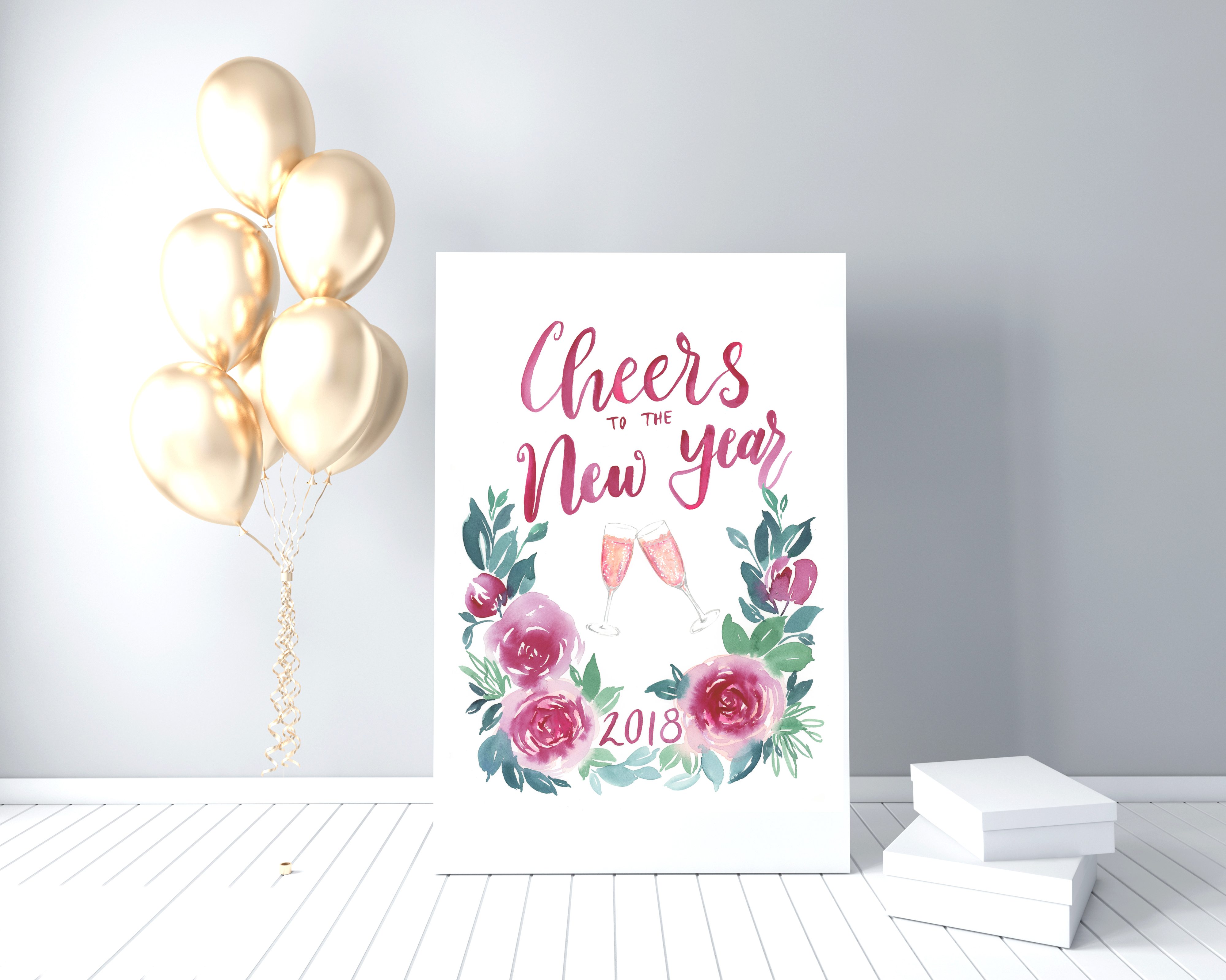 4000x3200 Cheers To The New Year! 2018 Holiday Watercolor Printable - Holiday Watercolor