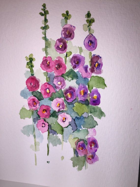 570x760 Hollyhock Watercolor Flowers Card Hand Painted Card - Hollyhock Watercolor Paintings