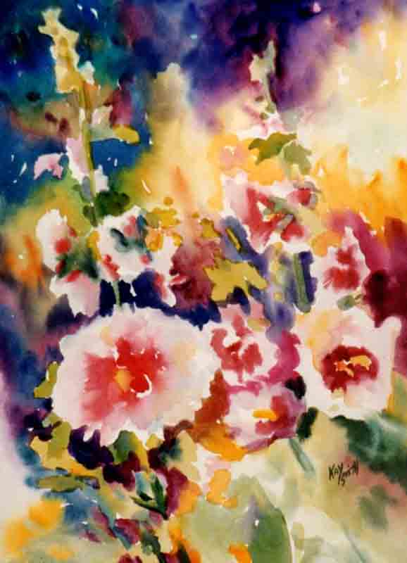 578x800 Kaysmithbrushworks Pink Hollyhock Garden - Hollyhock Watercolor Paintings