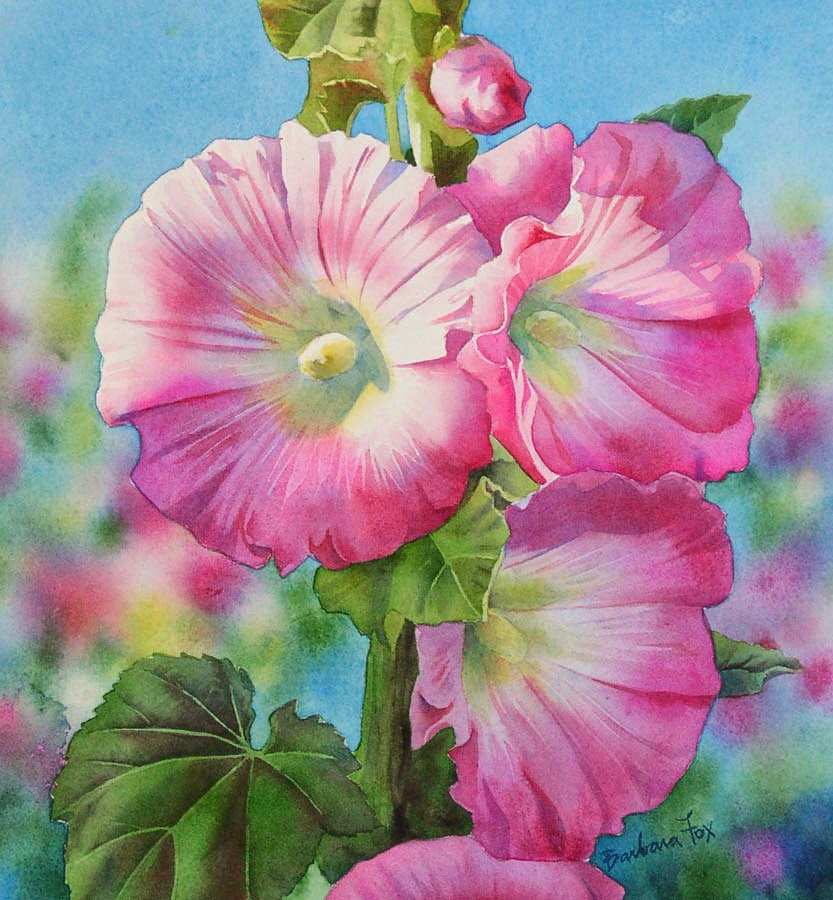 833x900 Painting Flowers Beautiful Barbara Fox Daily Paintings Pink - Hollyhock Watercolor Paintings