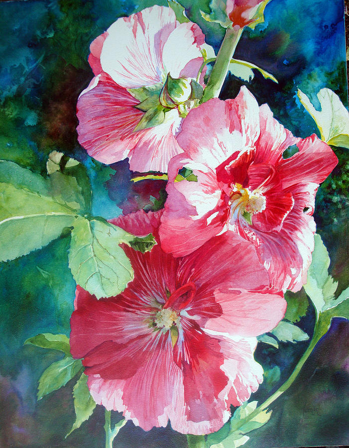 701x900 Pink Hollyhock Painting By Karen Vernon - Hollyhock Watercolor Paintings