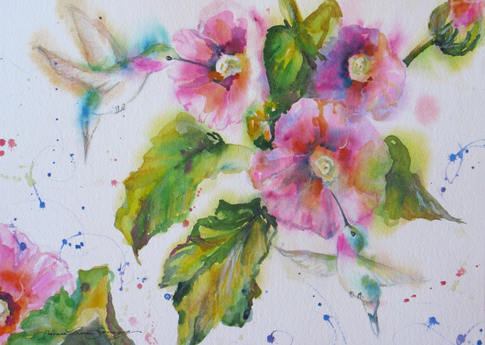 1600x1138 Watercolor Artists International Hummingbird Hollyhock Assault Ii - Hollyhock Watercolor Paintings