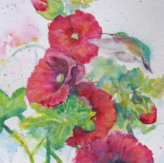 570x569 Hummingbird Hollyhock Watercolor Painting Original Flower Etsy - Hollyhock Watercolor Paintings