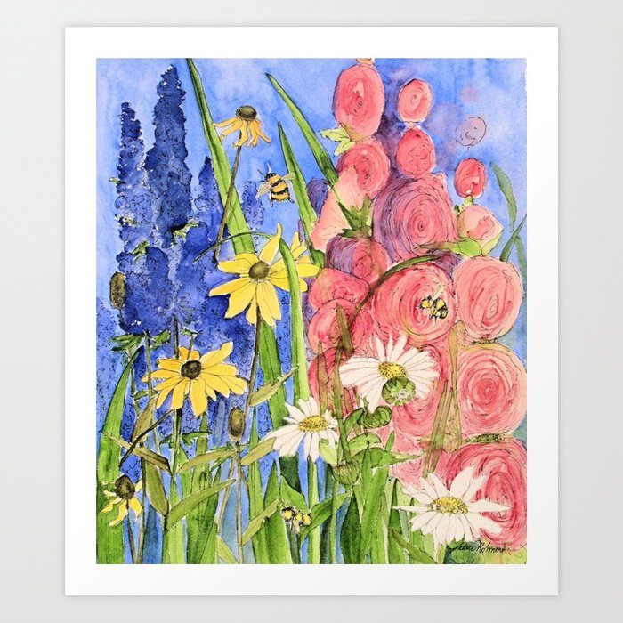 700x700 Cottage Garden Delphinium And Hollyhocks Watercolor Art Print By - Hollyhock Watercolor Paintings