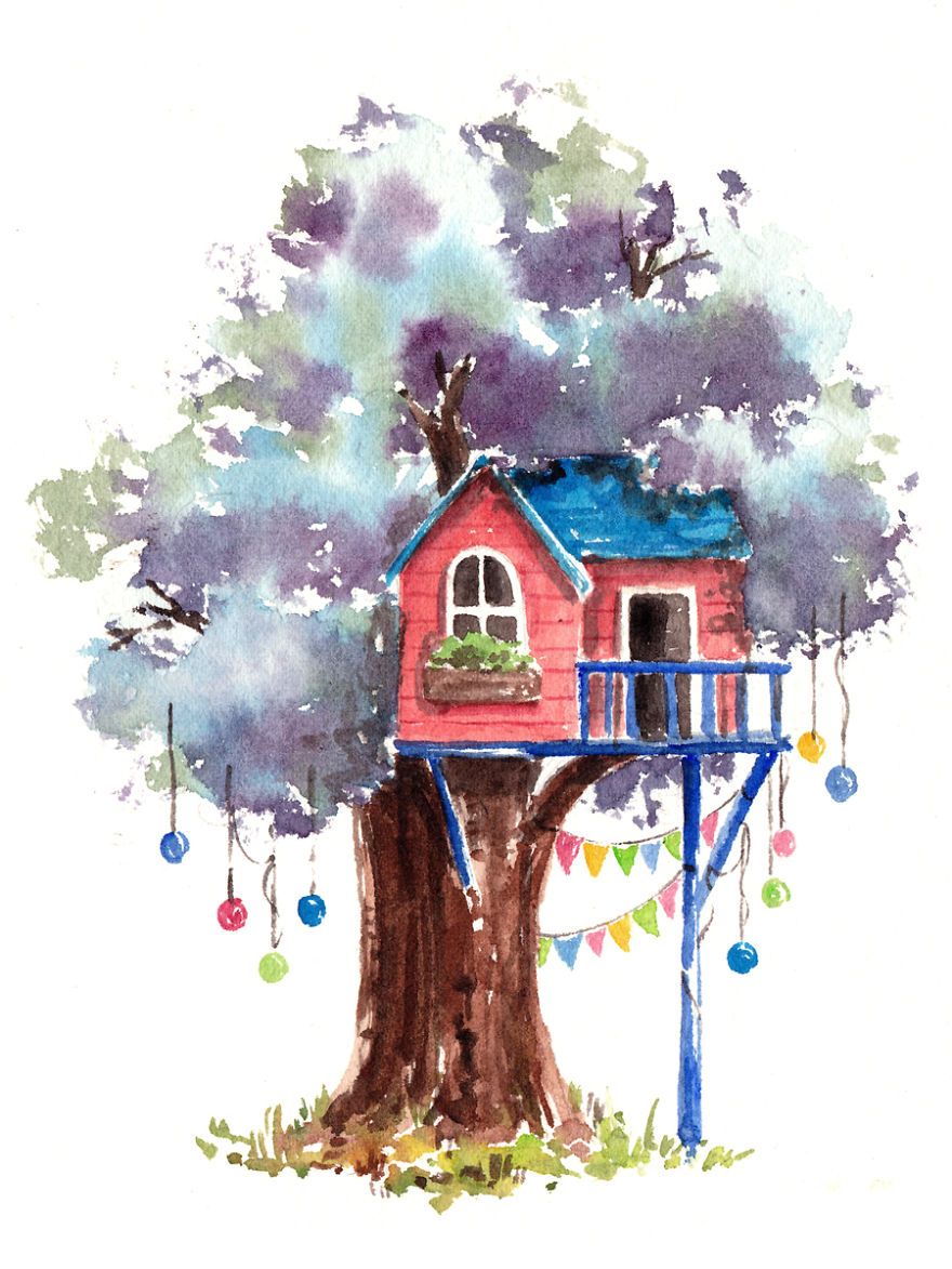 880x1173 I Use Watercolours To Paint Whimsical Tree Houses Bored - Home Watercolor