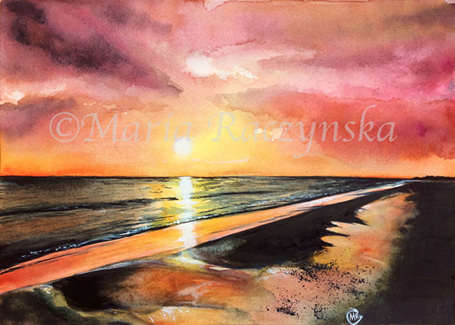 895x640 Watercolor Pink Beach Original Painting 5x7 - Horizon Watercolor