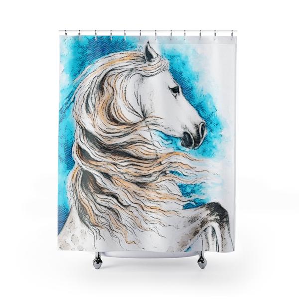 600x600 Andalusian Horse Watercolor Stallion Art Blue Shower Curtain - Horse Watercolor Art
