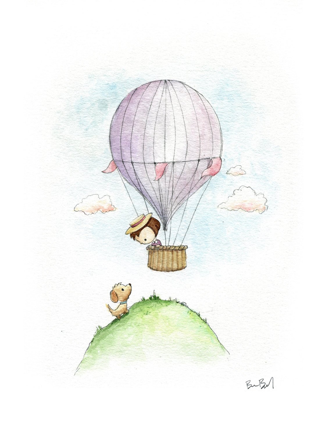 1125x1500 Vintage Style Hot Air Balloon Little Girl And Puppy Watercolor - Hot Air Balloon Watercolor