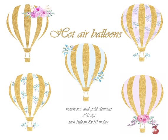 570x474 Gold Hot Air Balloons Clip Art. Watercolor Elements. Digital Etsy - Hot Air Balloon Watercolor