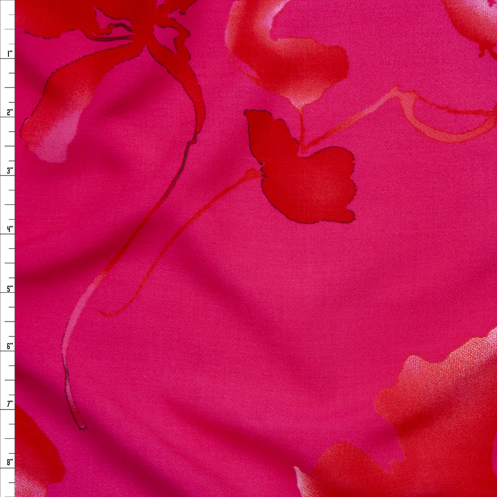 1000x1000 Cali Fabrics Red On Hot Pink Watercolor Floral Rayon Challis - Hot Pink Watercolor