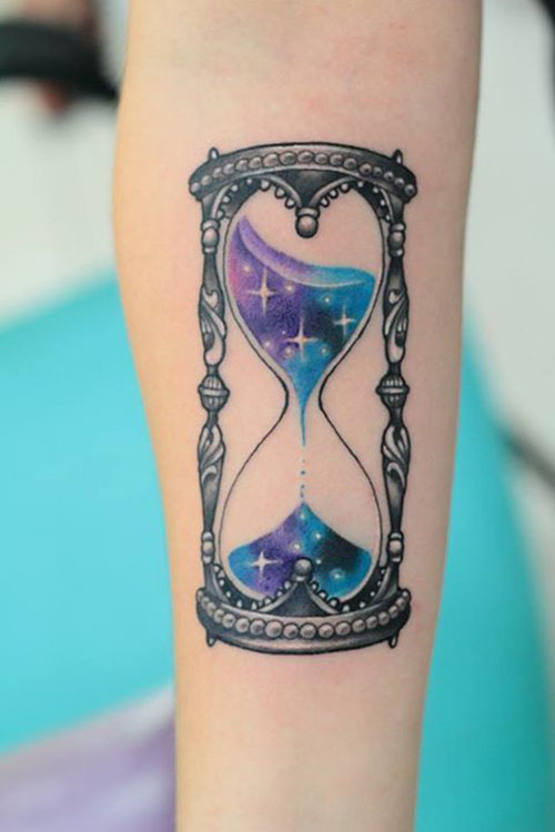 500x750 Blue And Purple Sand Inside Hourglass Tattoo - Hourglass Watercolor Tattoo