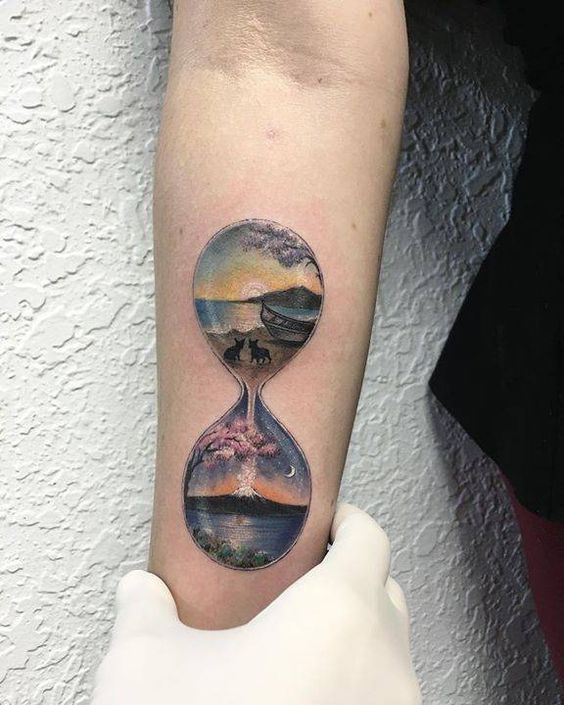 564x705 Landscape Hourglass Tattoo On The Right Inner Forearm. Tattoo Ideas - Hourglass Watercolor Tattoo
