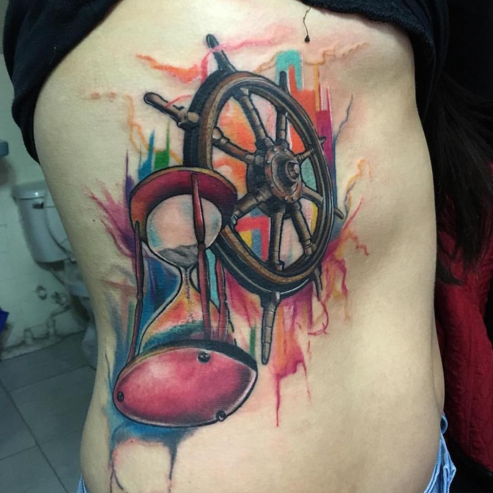 960x960 Watercolor Hourglass And Sailor Wheel Tattoo On Side Rib - Hourglass Watercolor Tattoo